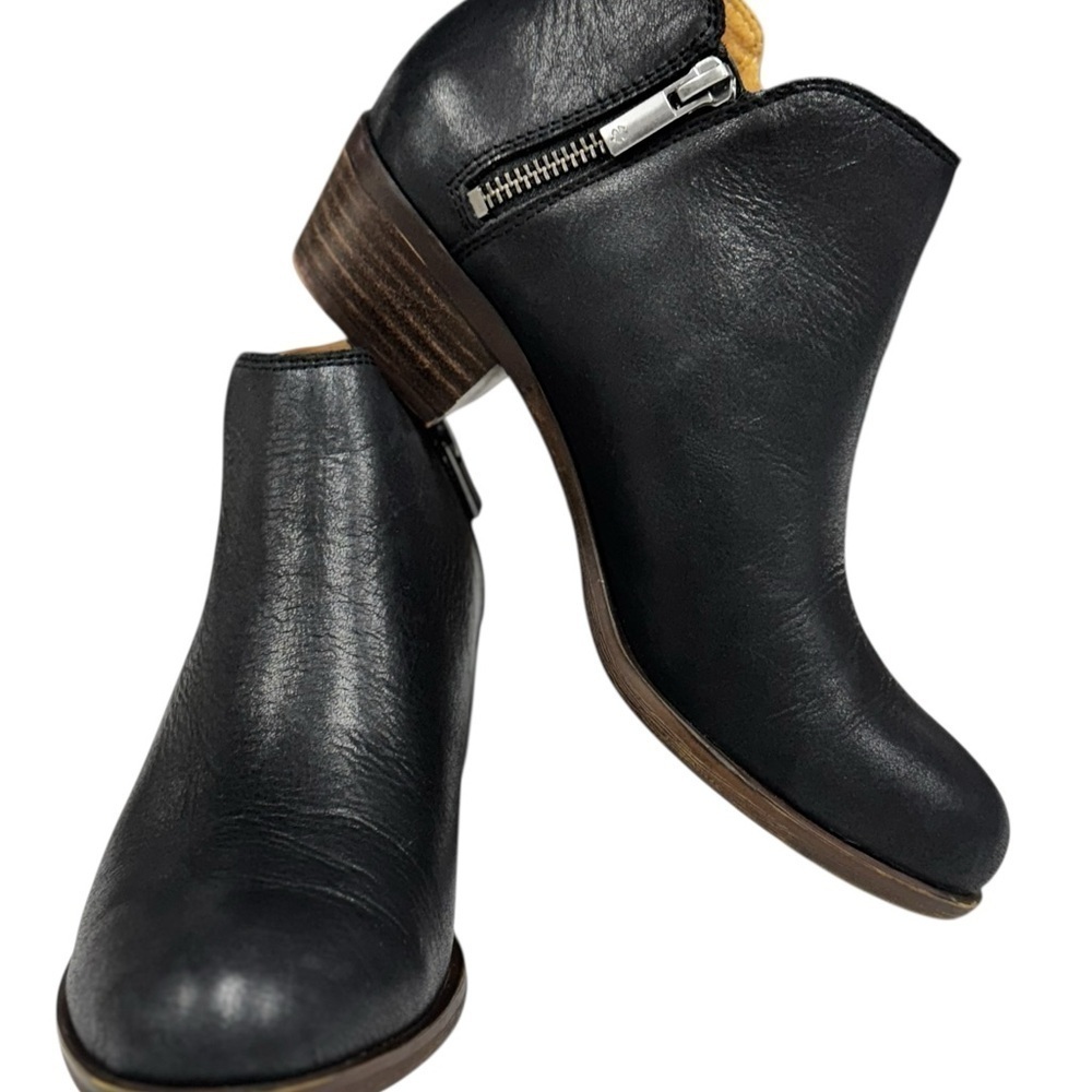 Lucky Brand Black Basil Bootie Leather Ankle Boots Zip Up Closure Size 6.5
